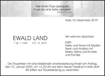 Traueranzeigen Von Ewald Land ZVW Trauer