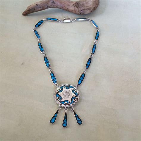 Vintage Sterling Turquoise And Black Enamel Inlay Mayan