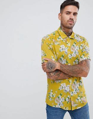 Asos Design Regular Fit Floral Shirt In Mustard Asos