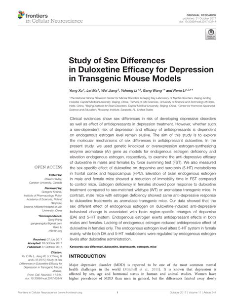 PDF Study Of Sex Differences In Duloxetine Efficacy For Depression In