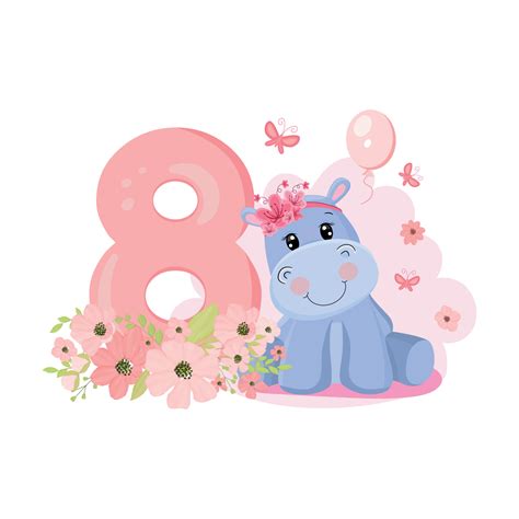 Cute Baby Girl Hippo Birthday Invitation Eight Years Eight Months