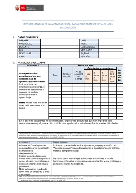 MINEDU Formato De Informe Mensual De Actividades Realizadas Para El