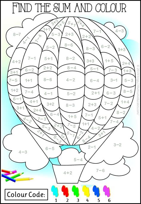 A Color By Number Page With An Image Of A Hot Air Balloon In The Sky