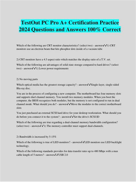 Testout Pc Pro A Certification Practice 2024 Questions And Answers 100