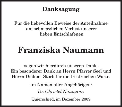 Traueranzeigen Von Franziska Naumann Saarbruecker Zeitung Trauer De