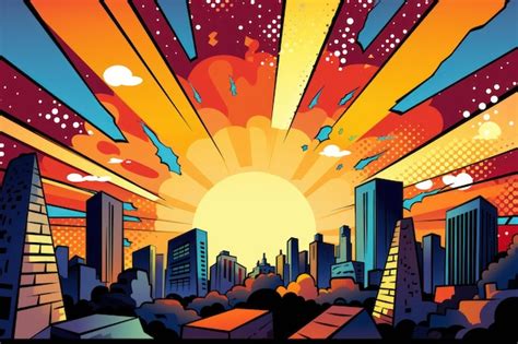 Premium Ai Image Comic Retro Pop Art Style Sunrise In The City