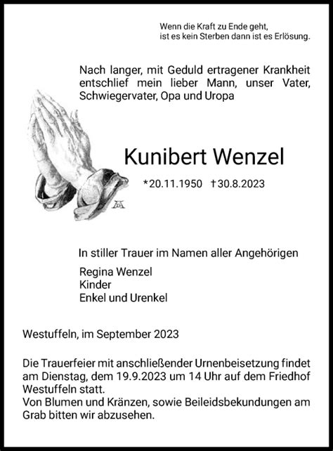 Traueranzeigen Von Kunibert Wenzel Trauer Hna De