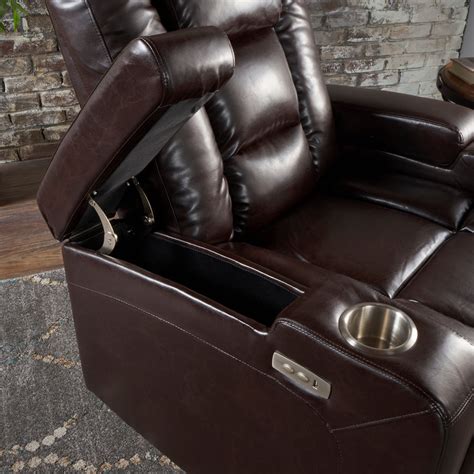 Everette Brown Leather Power Recliner With Storage, Cup Holder, and US ...