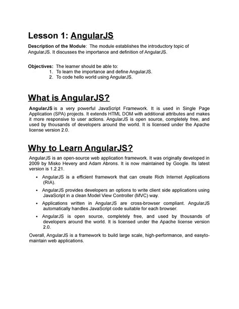 Angular Lesson 1 Angular Tutorial Lesson 1 Angularjs Description Of The Module The Module