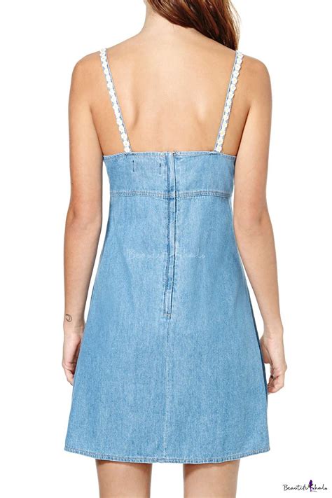 Sleeveless Zip Back Denim Dress With Crochet Trim