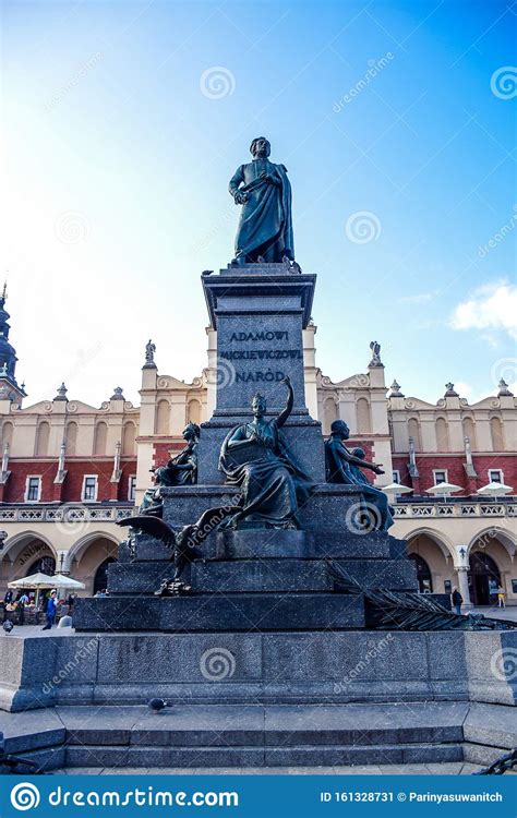 Adam Mickiewicz Monument In Main Square Of Krakow Old Town Poland