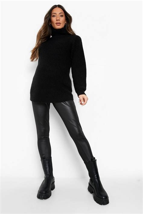 Maternity Leather Look Over The Bump Leggings Boohoo Uk