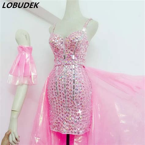 Sparkly Rhinestones Pink Strap Dress Long Yarn Tail Outfits Sexy