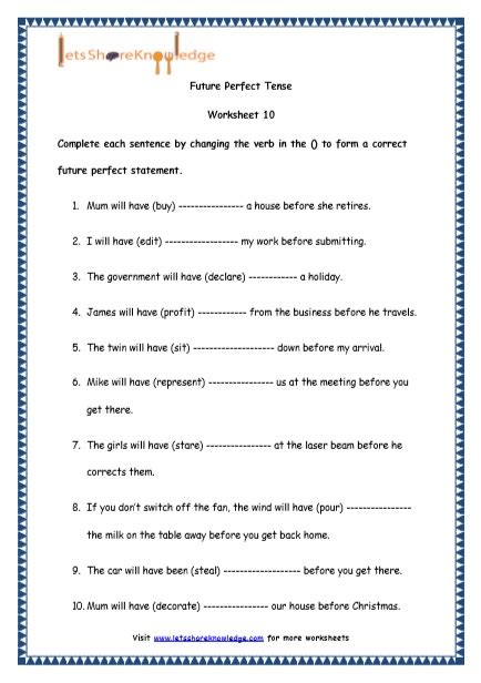 Grade 4 English Resources Printable Worksheets Topic Future Perfect Tenses Lets Share Knowledge