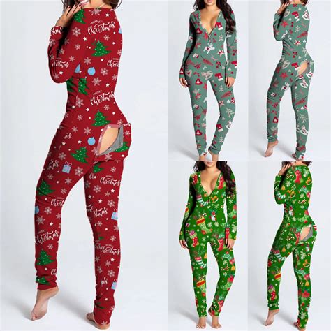 Sexy Christmas Pajama For Women New Year Jumpsuit Button Down Front