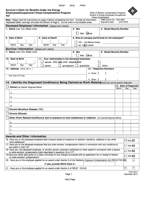 Fillable Form Ee Survivor S Claim For Benefits Under The Energy