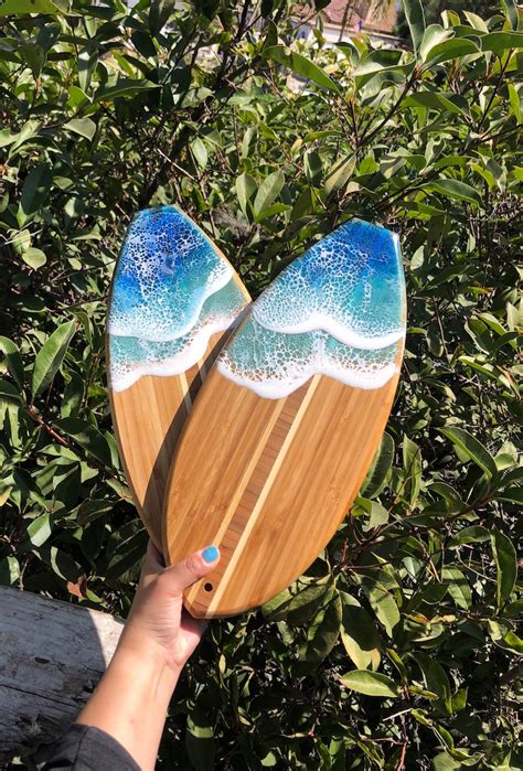 Surfboard Epoxy Resin Wave Bamboo Wood Cutting Cheese Board Etsy