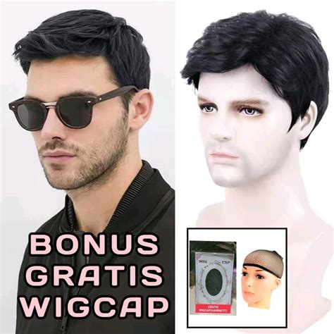 Jual Wig Pria Rambut Palsu Pendek Belah Samping Warna Hitam Versi Pria