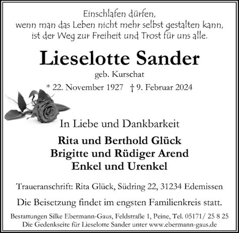 Traueranzeigen Von Lieselotte Sander Trauer Anzeigen De