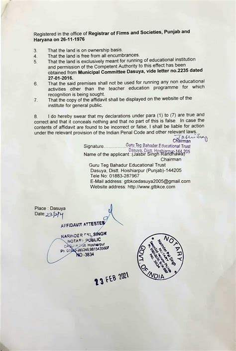 Affidavit Of Land Ownership Guru Teg Bahadur Khalsa College Of Education Dasuya