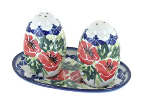 Blue Rose Polish Pottery Cherry Red Bouquet Salt Pepper Shakers 1