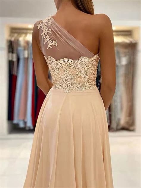 A Line Princess Chiffon Lace One Shoulder Sleeveless Sweep Brush Train