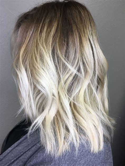 Blonde Balayage Dark Roots With Bleach Blonde Ends Medium Length Hair