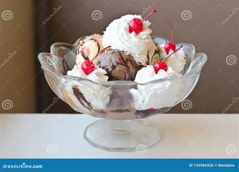 Soft Focus Of Ice Cream Sundae In Big Bowl Stock Photo Image Of