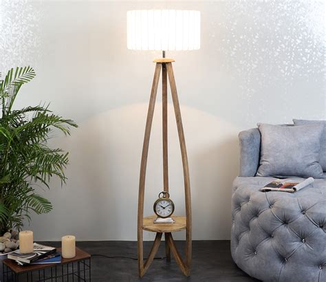 Buy Jieun Fabric Shade Shelf Floor Lamp With Wood Base Off White At