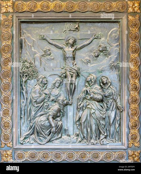 NAPLES ITALY APRIL 22 2023 The Bronze Relief Of Crucifixion On The