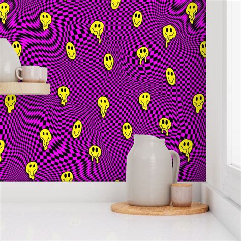 Trippy Smiles On Checkerboard Black And Wallpaper Spoonflower