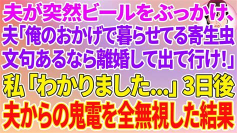 【スカッとする話】夫が突然ビールをぶっかけ、夫「俺のおかげで暮らせてる寄生虫が文句あるなら離婚して出て行け！」私「わかりました」3日後、夫からの鬼電を全無視した結果w Youtube