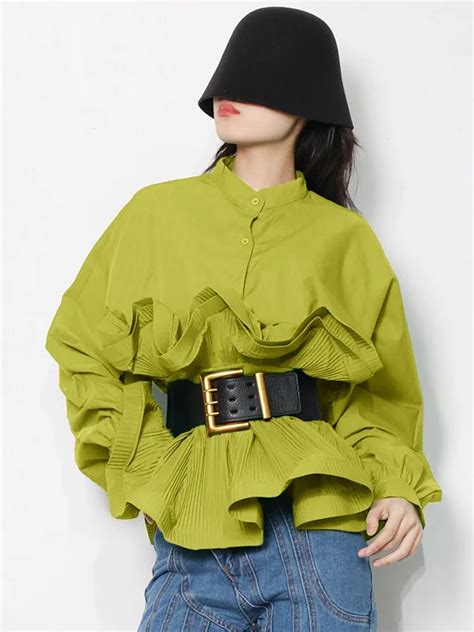 Fashionable Stand Collar Blouse Loose Fit Falbala Details Belted