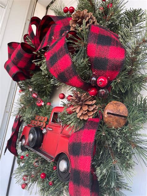 Winter Wreath Red Truck Buffalo Plaid Wreath Front Door Etsy