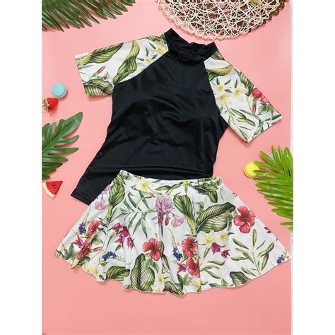 2 Piece Bikini Swimsuit Short Sleeve With Floral Flared Skirt Super Beautiful To Wear To The