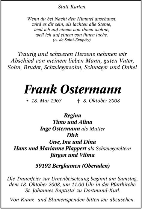 Traueranzeigen Von Frank Ostermann Trauer In Nrw De