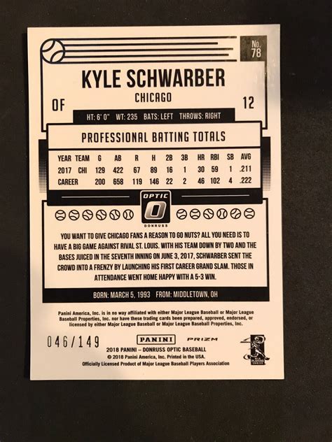 2018 Panini Donruss Optic Blue Prizm 78 Kyle Schwarber 149 For Sale