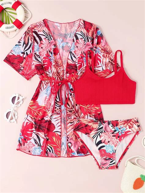 3 Piezas Conjunto De Bikini Con Estampado Tropical Aleatorio Con Kimono