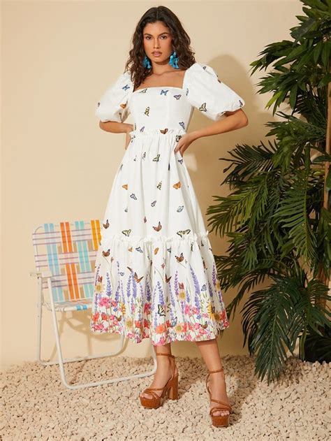 Shein Butterfly Print Puff Sleeve Ruffle Hem Dress In Ruffle Hem