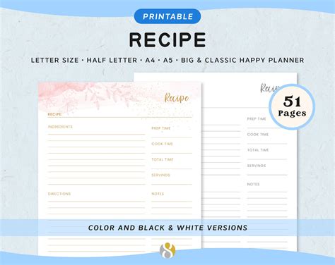 Recipe Planner Printable Recipe Card Recipe Template Recipe Book