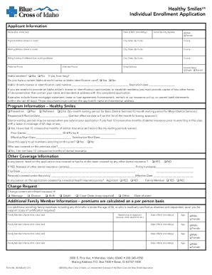 Fillable Online Healthy Smiles Individual Enrollment Application