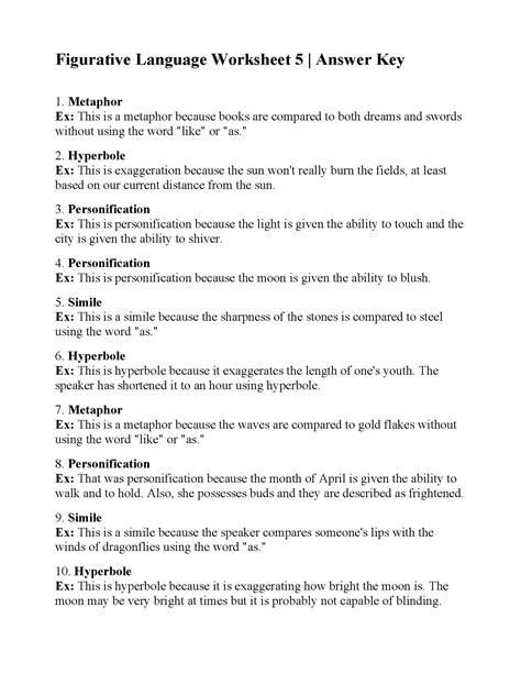 Figurative Language Worksheet 5 Answer Key Language Worksheets