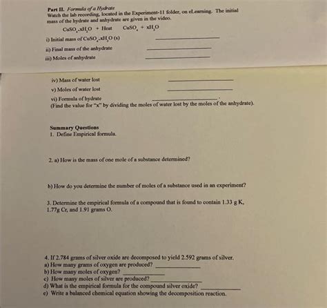 Solved Part Ii Formula Of A Hydrate Wateh The Lab Chegg