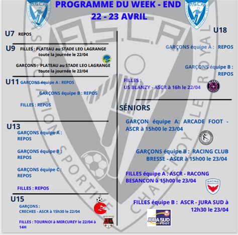 Actualité PROGRAMME DU WEEK END 22 ET 23 AVRIL 2023 club Football