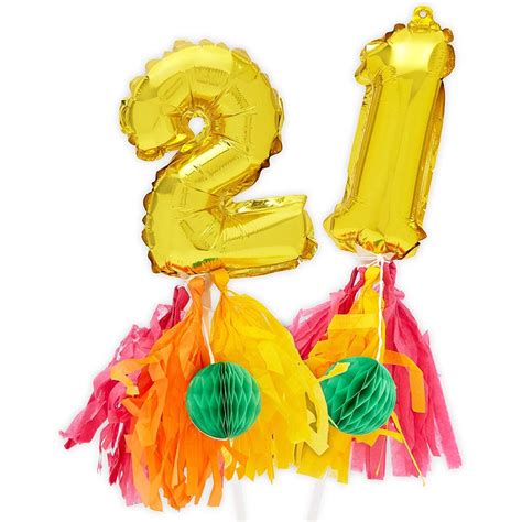 Number 21 Metallic Gold Foil Balloons Cake Topper With Tassel For 21st