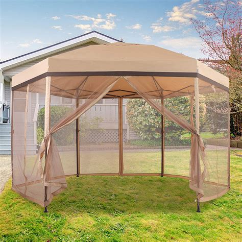 Hexagon Pop Up Gazebo Canopy 12 X 10 Tent With Mesh Sidewalls Tan