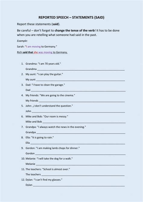 Reported Speech Statements Interactive Worksheet Speech Activities