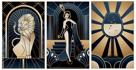 Illustrations Of Art Deco Style In Black And Gold Colours Stock Vector