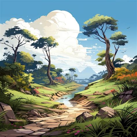 Paisagem Desenho Realista Colorido - Desenho de paisagem vetorial realista em fundo branco | Vetor Premium