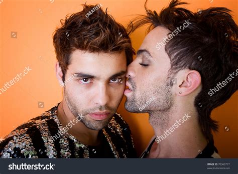 Attractive Gay Man Kissing Another On The Cheek Stock Photo 70360777 Shutterstock